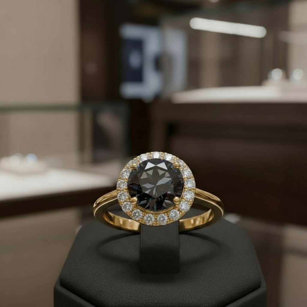 "Circle of Life" Round Portuguese Cut Ring with Halo 7mm